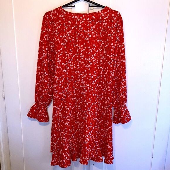Women’s Red Floral Mock Wrap Knee Length Long Sleeve Lightweight Dress Size L - Picture 6 of 7